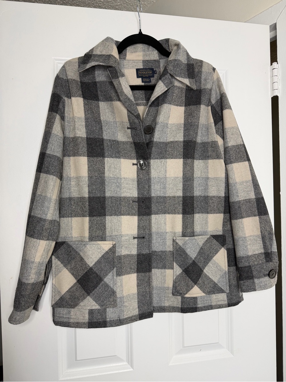 Pendleton Gray & Cream Plaid Wool Pea Coat